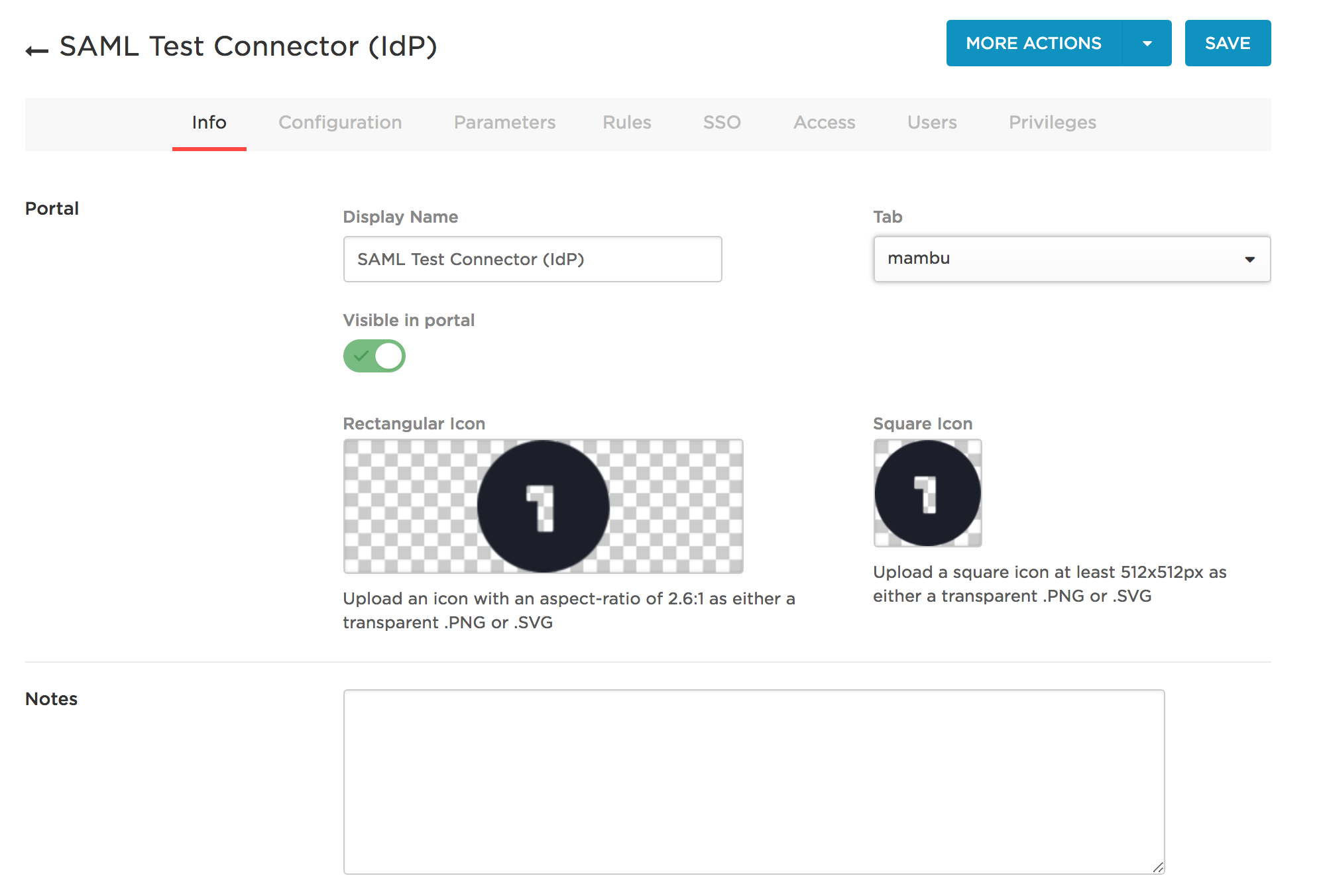 Info tab with application name and icons